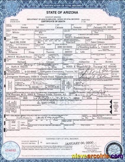 USA state Arizona death certificate